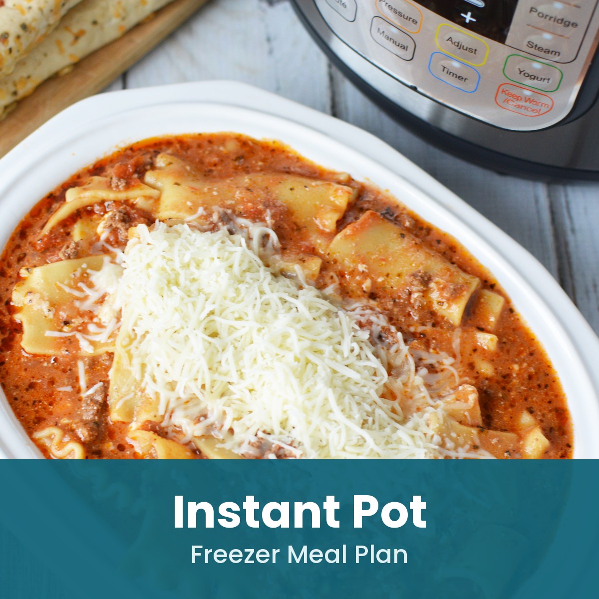 Instant Pot freezer meal plan: lasagna soup topped with parmesan, made in the Instant Pot