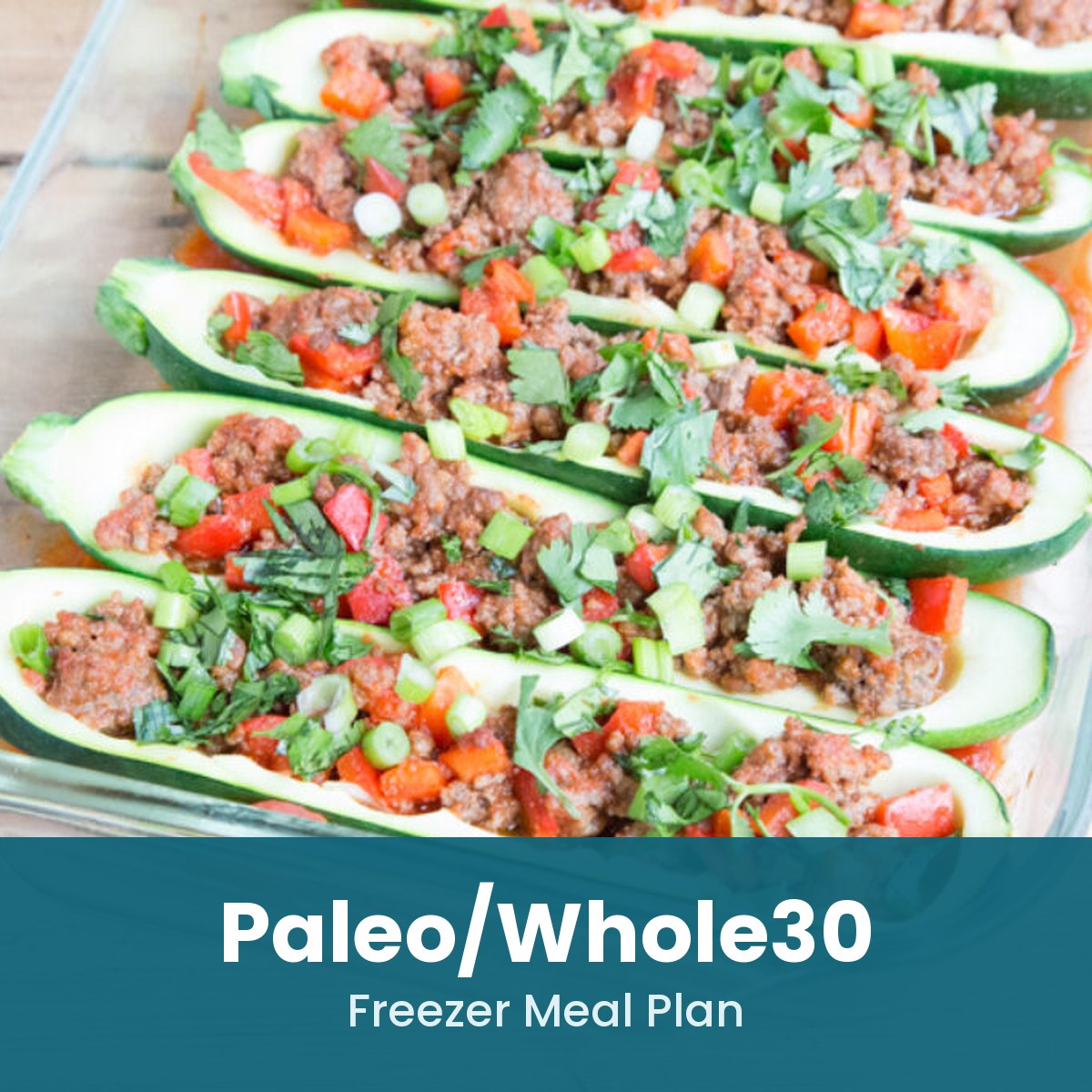 Paleo and Whole30 freezer meal plan: zucchini boats stuffed with ground beef, peppers and herbs