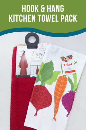 hook and hang kitchen towel set includes one red towel, one white towel with veggies and one black towel hook