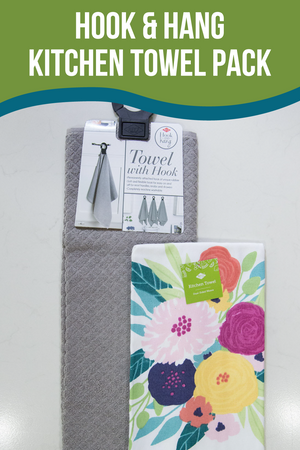 hook and hang kitchen towel set includes 1 gray towel, one white towel with floral print and one black towel hook