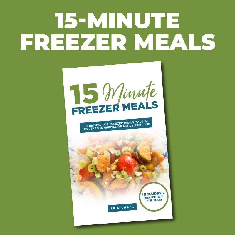Cover of 15-minute freezer meals cookbook with quick dinner recipes
