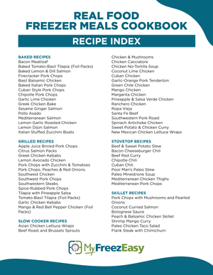 recipe index for real food freezer meals cookbook