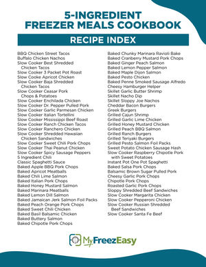 recipe index for 5 ingredient freezer meals cookbook