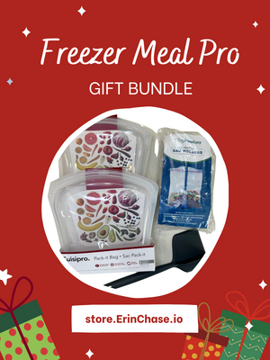 Freezer Meal Pro Bundle includes 2 reusable silicone bags, 2 bag holders, and one chop and serve utensil