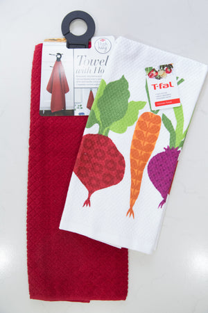 hook and hang kitchen towel set includes one red towel, one white towel with veggies and one black towel hook