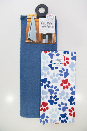hook and hang towel set: 1 blue towel, 1 white towel with blue and red paw prints, 1 black towel hook