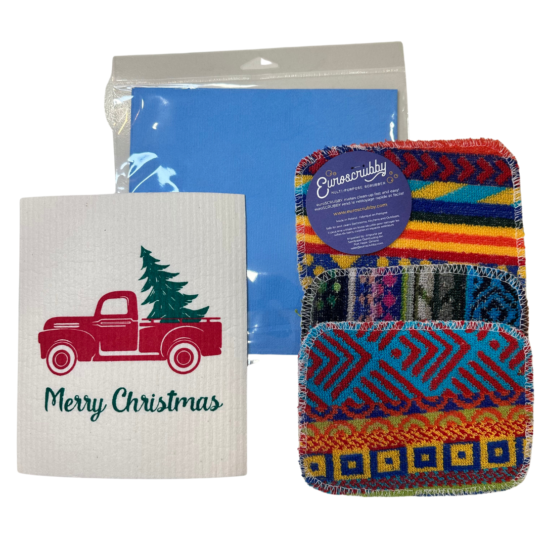 holiday cleaning bundle includes euroscrubby 3 pack, christmas cleaning cloth and streakfree cloth