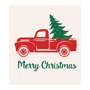 white dish cloth with red christmas truck and "Merry Christmas" text