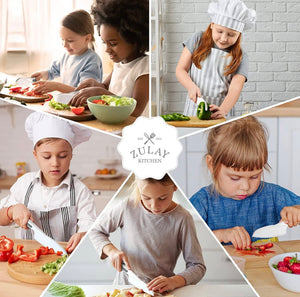 kids using kid knives in different ways, preparing a salad, cutting vegetables, cutting fruit